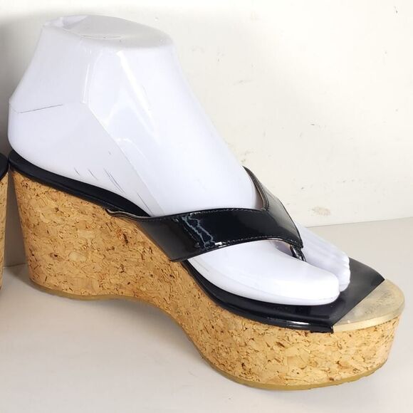 Jimmy Choo Women's Pathos Black 38 US7,5 Patent Leather Cork Thong Wedge Sandals - Picture 6 of 16